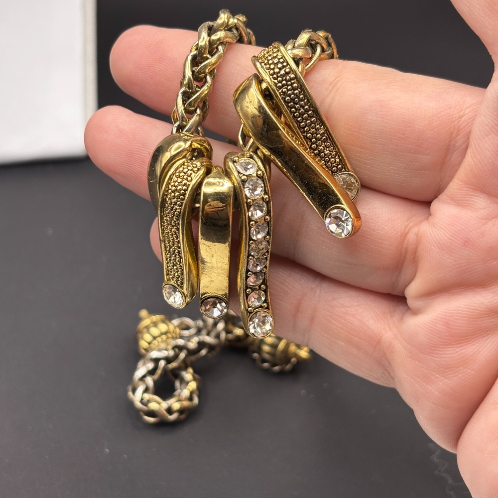 Vintage Gold Tone Statement Necklace Woven Chain Crystal Dangle Choker Retro Y2K - Picture 8 of 11